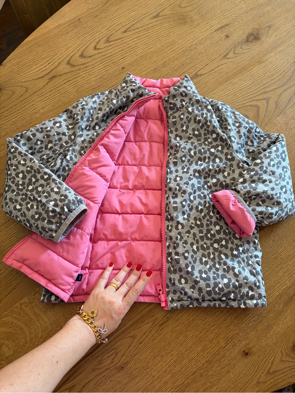 GAP Kids ColdControl Girls Reversible Leopard Print Puffer Jacket Pink 6-7 yrs S